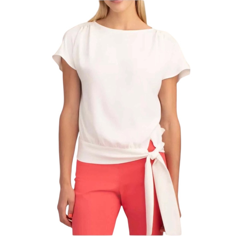 Trina Turk Salas Top Tie Waist Blouse Womens XSmall Ivory Short Sleeve Ruched